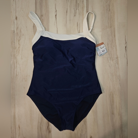 Shade & Shore NWT Navy White Colorblock One Piece Swimsuit XL 16 Square Neck - Picture 2 of 11